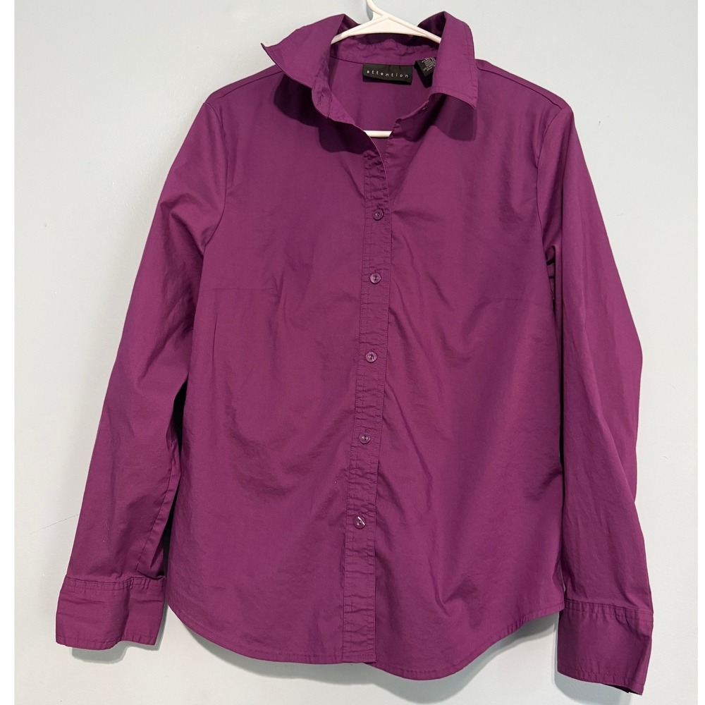 Attention Women's L Button Down Shirt Purple Long Sleeve Stretch Poplin Top 1581
